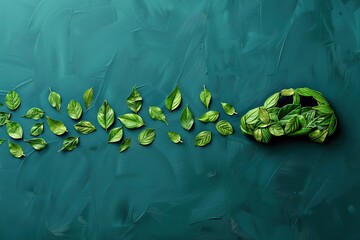 Small green car made of leaves on a textured green background, eco-friendly and sustainable concept
