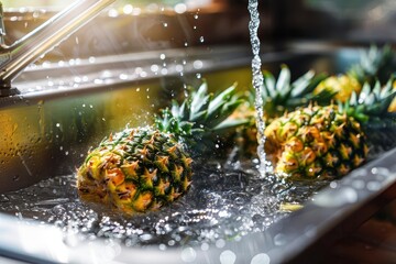 refreshing scene of pineapples being washed in a stainless steel sink water droplets sparkling in sunlight vibrant tropical fruit colors kitchen freshness concept