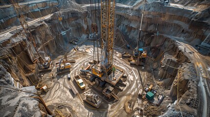 Deep Open-Pit Mining Operation With Central Drilling Rig Surrounded By Excavators Heavy Machinery And Layered Quarry Walls In Active Industrial Extraction Site