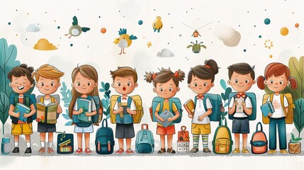 Fun back to school illustration, great for educational materials and kids' activities, showing a group of happy children with backpacks, books, and school supplies, ready for a new school year.