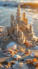 Fototapeta premium Sand castle made of shells on the beach, Travel concept