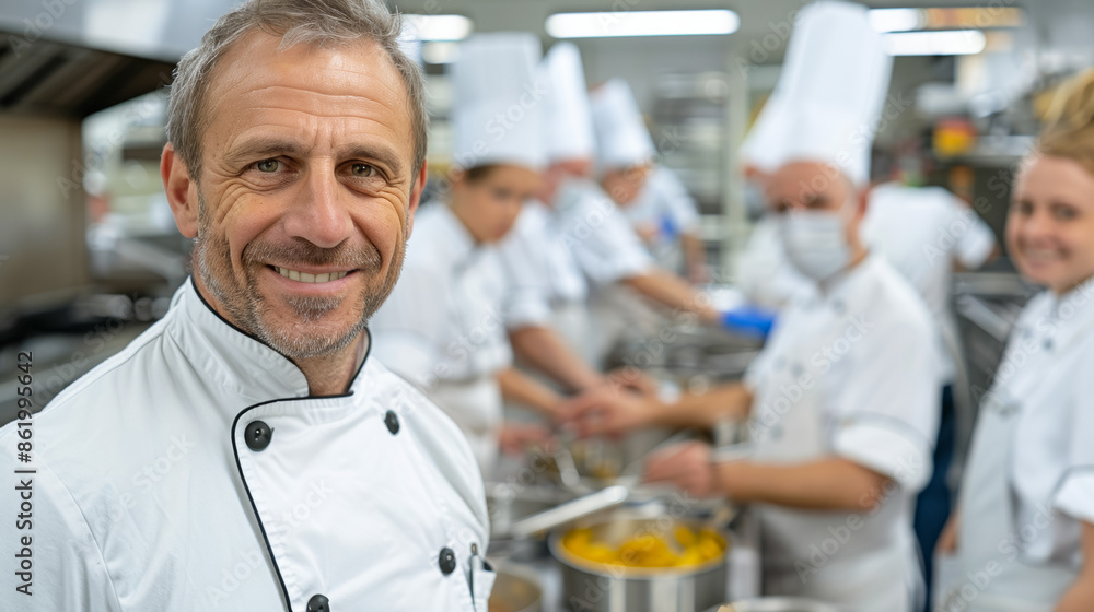Poster a man in a chef's hat is smiling and posing for a picture with other chefs