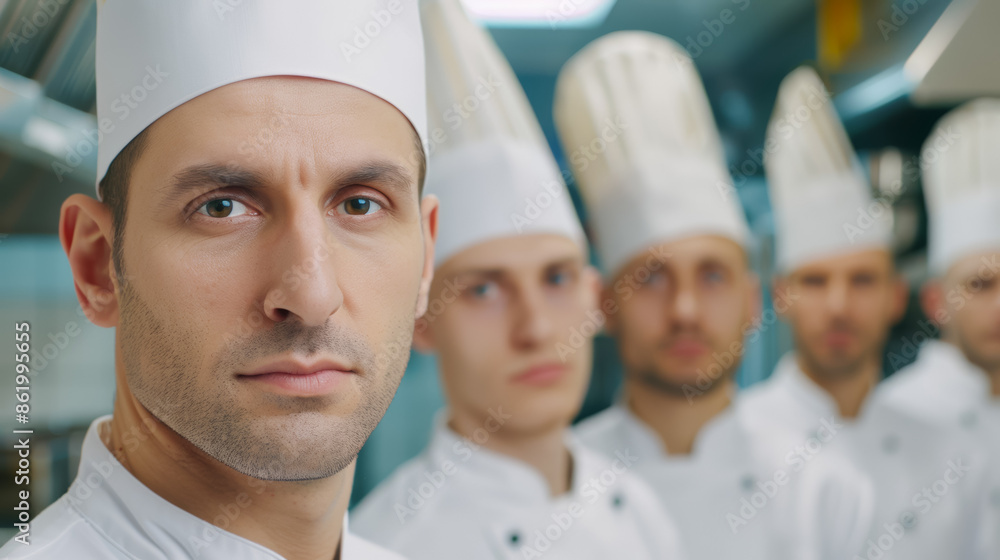 Poster a man with a chef hat is standing in front of four other men with chef hats