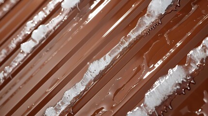close-up of glossy cinnamon brown vinyl siding, with frost collecting in the crevices, showcasing the siding's texture and resistance to freezing temperatures