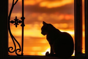 silhouette of graceful cat on windowsill framed by ornate window backdrop of vibrant orange and gold sunset sky