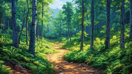 Fototapeta premium Picturesque trail through the forest illustration, perfect for outdoor and hiking themes, showcasing a scenic trail winding through a lush forest with tall trees and vibrant foliage. Illustration,