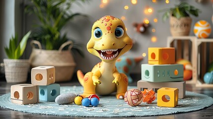 Obraz premium Playful baby dinosaur illustration with toys, ideal for children's books and activities, featuring a happy little dinosaur playing with colorful toys and a cheerful expression. Illustration,