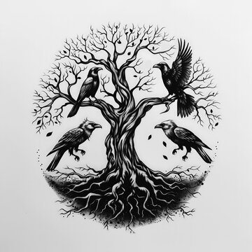 Black and white illustration of the Yggdrasil tree from Norse mythology with four ravens. Symbols of Scandinavian mythology
