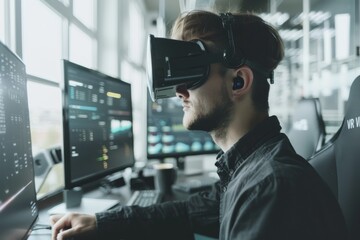 Fototapeta premium Man working with virtual reality in professional setting, utilizing VR technology for creative projects and innovative solutions