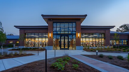 Fototapeta premium community library with a traditional brick design, updated with energy-efficient windows and a modern glass entrance