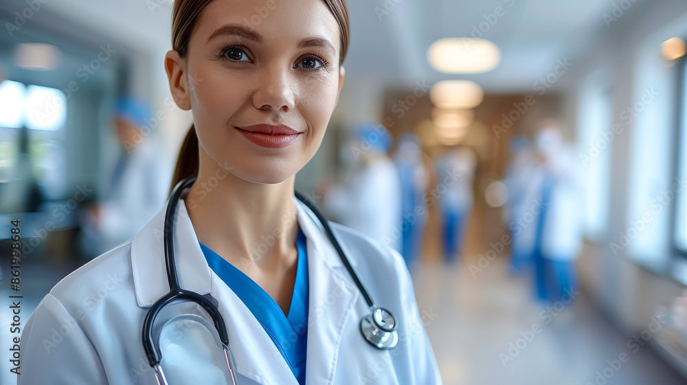 Sticker A woman in a white lab coat is smiling and holding a stethoscope, professional doctor