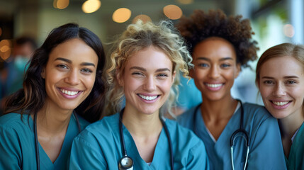 Four women in blue scrubs are smiling for the camera, team of doctors