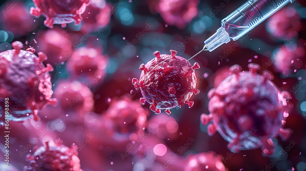 Poster a close up of a red virus with a syringe in front of it