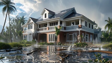 conceptual image of a storm-resistant house with reinforced brick siding, standing firm against a simulated hurricane
