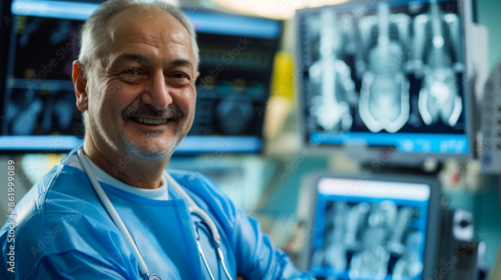 Poster a man in blue scrubs is smiling in front of computer monitor displaying a medical image
