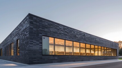Fototapeta premium contemporary dance studio with an exterior of sleek, black bricks, reflecting the rhythmic beauty and dynamic movement that occurs within