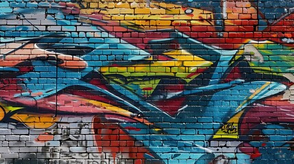 Fototapeta premium detailed shot of a brick wall with a creative graffiti mural, blending urban street art with traditional masonry