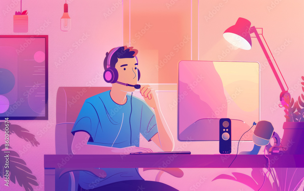 Poster a man is sitting at a desk with a computer monitor in front of him