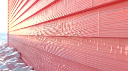 detailed shot of vinyl siding in a unique coral pink, with the winter chill bringing out a soft glow on its surface, demonstrating its beauty and cold resistance