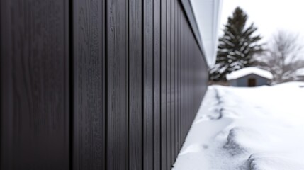 detailed view of vinyl siding in dark espresso, with the snow highlighting its elegant and sophisticated finish, perfect for a classy winter aesthetic