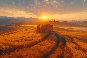 Fototapeta premium photo of Tuscany sunrise landscape with farm house and hills in Italy