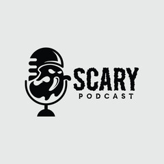 Scary Podcast logo design. Abstract microphone and scary ghost combination logo concept.