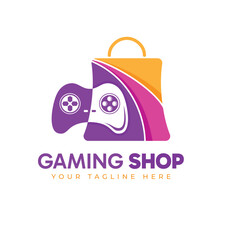 Gaming shop logo design. Colorful Shopping bag and gaming controller combination logo concept.