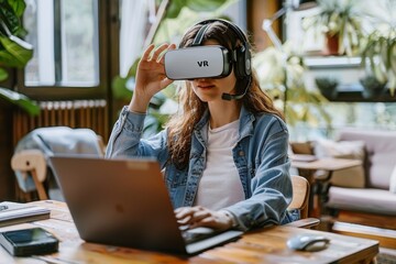 Working from home with VR headset, highlighting the convergence of professional life and advanced technology in a home office environment, promoting productivity and innovative solutions