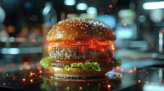 Futuristic Glowing Burger in a Cyberpunk Sci-Fi Ambiance - Powered by Adobe