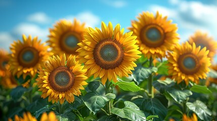 Fototapeta premium Sunny sunflower bouquet illustration, perfect for summer and floral themes, showcasing a vibrant bouquet of sunflowers with green leaves and a bright blue sky background. Illustration, Minimalism,