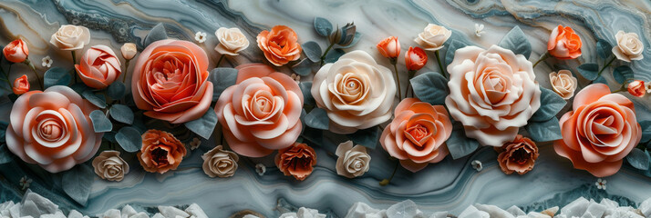 panel wall art, wall decoration, marble background with flowers designs