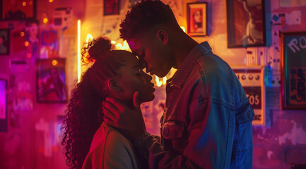 Obraz premium Romantic Couple in Intimate Neon-Lit Setting