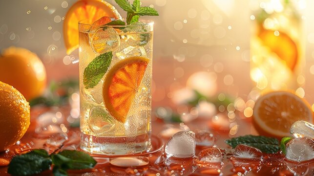 A refreshing summer beverage with ice cubes, citrus slices, and mint leaves in a tall glass, with condensation droplets and a sunlit background, evoking a sense of coolness and relaxation.