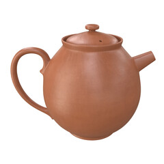 Brown clay teapot on white white background
