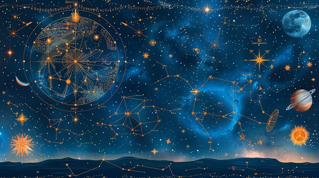 An astrology-themed illustration with zodiac signs, celestial bodies, and intricate constellations, set against a deep blue starry background, perfect for horoscopes or astrological content.
