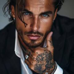 portrait of an attractive male model with piercing blue eyes long hair facial hair and tattoos