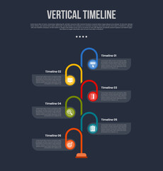 vertical timeline business report infographic with round circle and round box description with 6 point stage with modern dark style for slide presentation