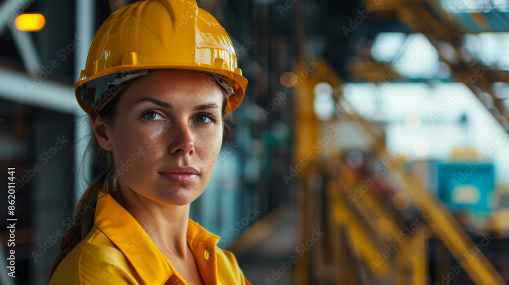 Wall mural A woman wearing a yellow hard hat, port employee