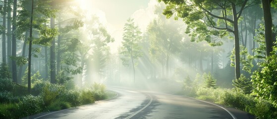 Obraz premium Sunlit forest road on a misty morning, surrounded by lush green trees and foliage under a serene sky, creating a peaceful nature scene.