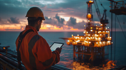 A man in an orange jacket is looking at tablet while standing on a platform near a large oil rig