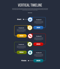 vertical timeline business report infographic with big circle and line connection with cycle bottom direction with 5 point stage with modern dark style for slide presentation