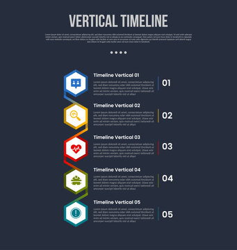 vertical timeline business report infographic with hexagon shape line blending connection with 5 point stage with modern dark style for slide presentation