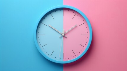 Blue and pink clock on a split background, symbolizing time management and balance concept