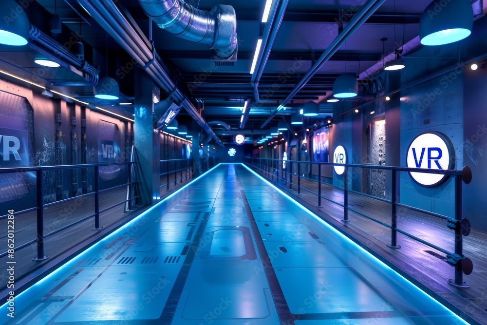 Poster high tech vr tunnel, capturing the futuristic design and immersive experience of a virtual reality e