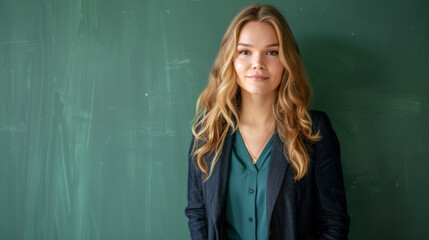 A woman in a green blouse and black jacket stands in front of a green wall. Teacher, back to school concept