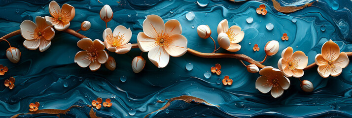 panel wall art, wall decoration, marble background with flowers designs