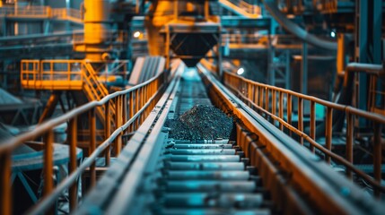 Mining Conveyor Belt Transporting Raw Materials Through Industrial Processing Facility With Metal Railings Heavy Machinery And Automated Production Line