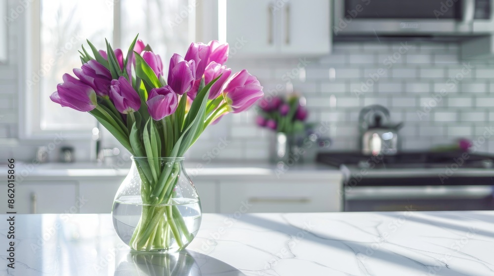 Wall mural purple tulips displayed in a glass vase on a contemporary white tiled kitchen counter - Wall murals