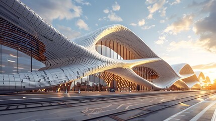 futuristic transport hub with a flowing facade of white brick, designed to emulate the motion of trains, blending functionality with aesthetics