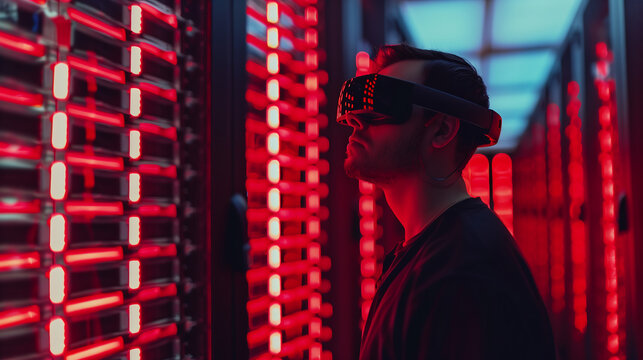 A young man wearing VR glasses stands in front of rows and columns of red light tubes, with the server room behind him. 
